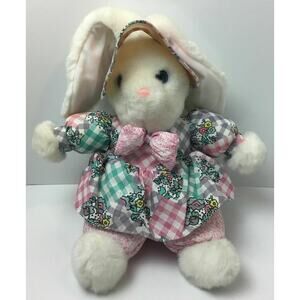 Vintage Dandee Plush White Bunny Rabbit with Plaid Dress & Hat with Pink Bow 13"